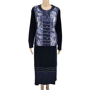 Spencer Alexis Vintage Blue Velour with Floral Accents Skirt Set Women's Size 10